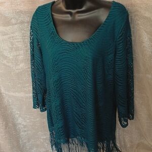 Melissa Paige BOHO Crochet Emerald Green Top with Fringe L